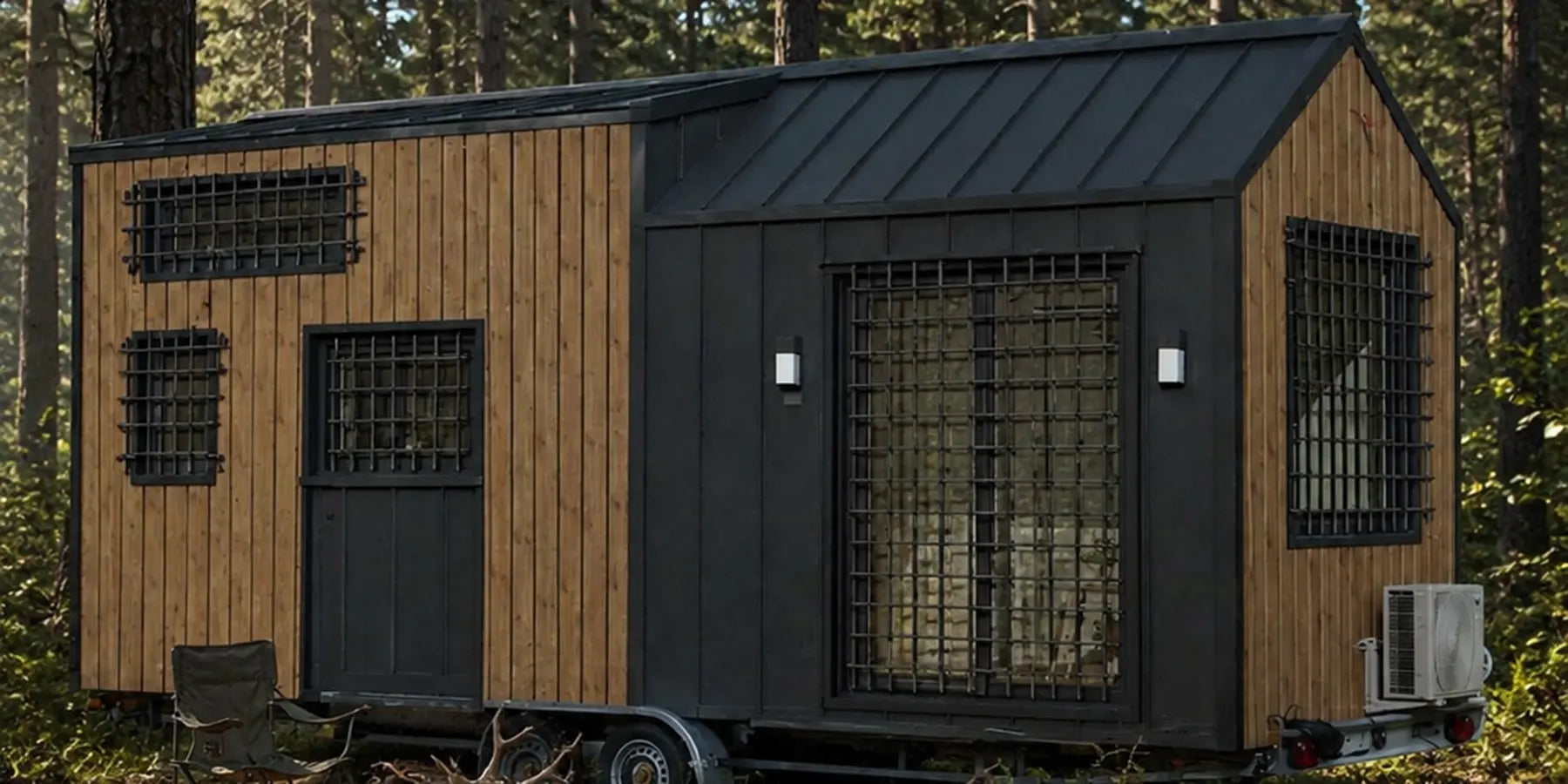 Transportable Jagdhütte mit Anhänger, Holzfassade und vergitterten Fenstern