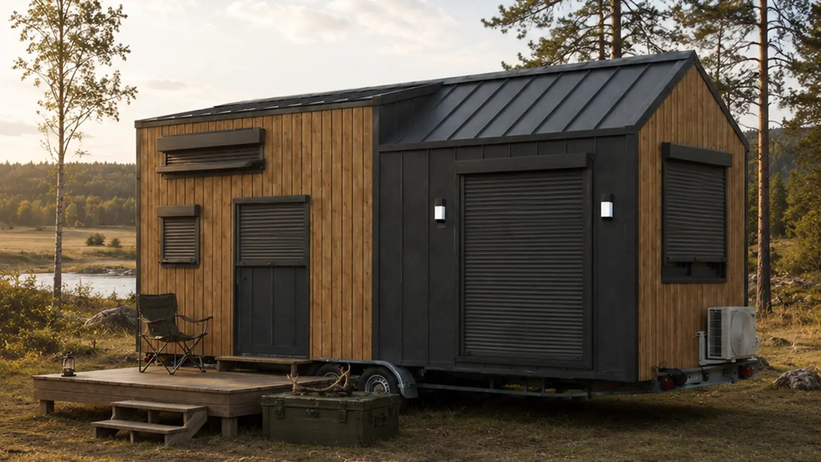 Mobile Jagdhütte in Seelandschaft mit Terrasse, Holzverkleidung und Rolltoren